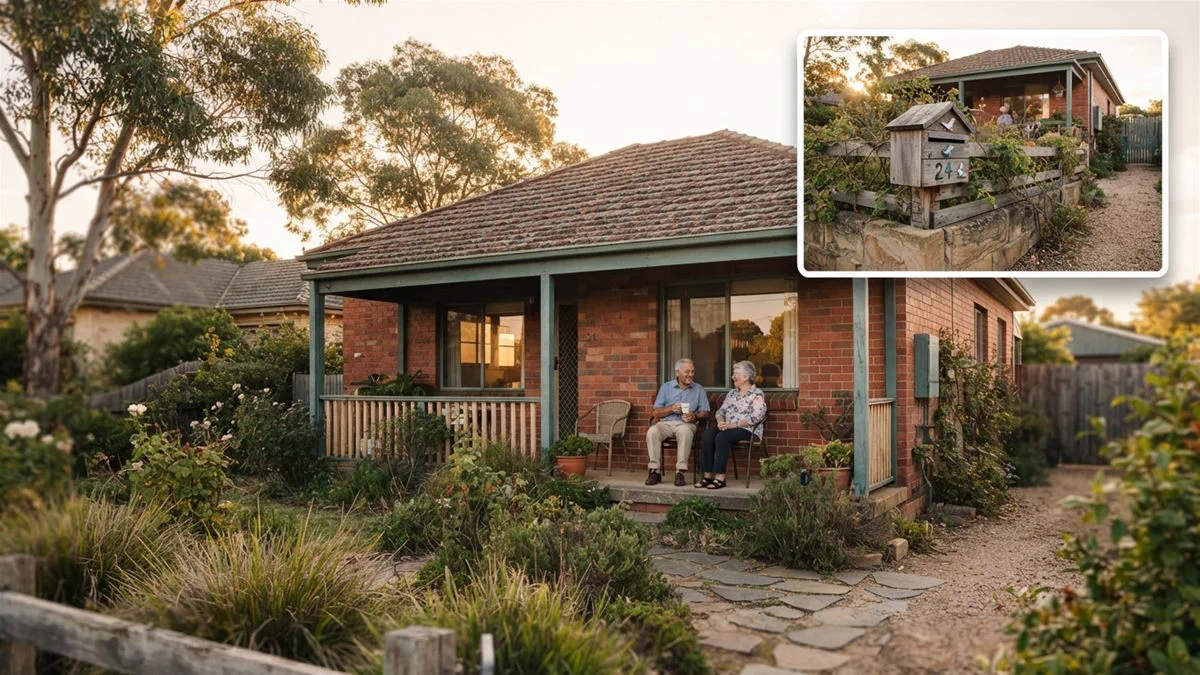 The front of a modest Australian brick home with a well kept garden